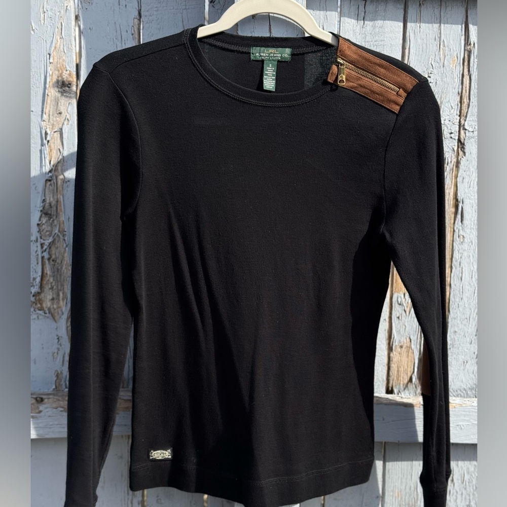 Lauren Ralph Lauren Jeans Co. Black Shirt Small Womens Brown Suede Zipper Detail